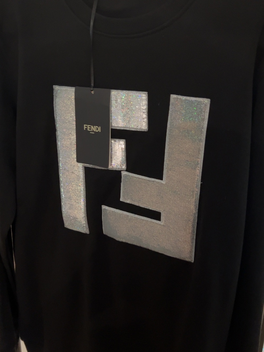 Fendi women’s Black Crewneck with Iridescent Silver FF Patch